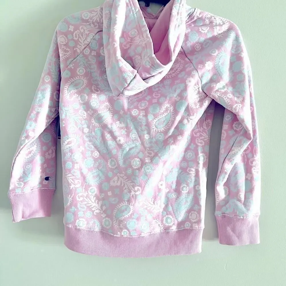 New CHAMPION Big Girls Paisley Script Fleece Hoodie, pink Medium